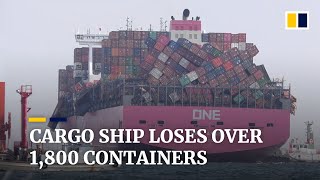 Cargo ship ONE Apus loses more than 1800 containers in Pacific storm [upl. by Arel]