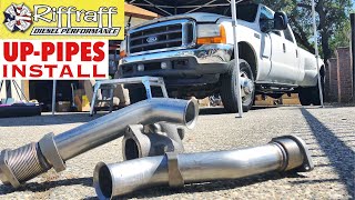 2001 F350 73  RiffRaff UpPipes Install  Stock up pipes leaking and falling apart JUNK SP [upl. by Ahsieka]